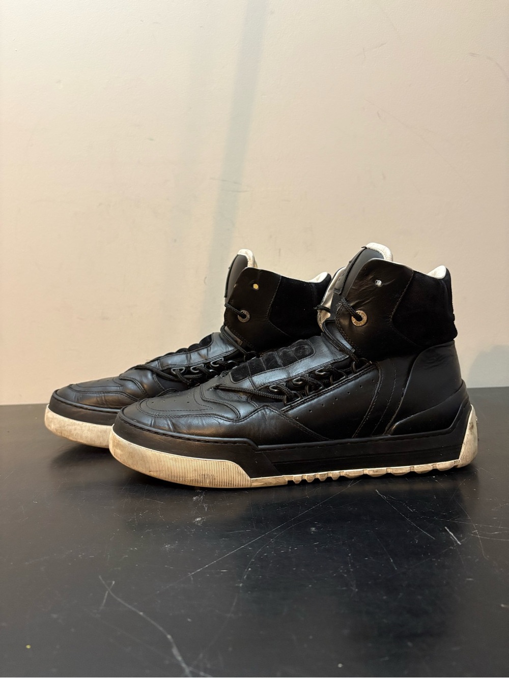 Fendi Tank Leather Lace Up Sneaker Boots Black White